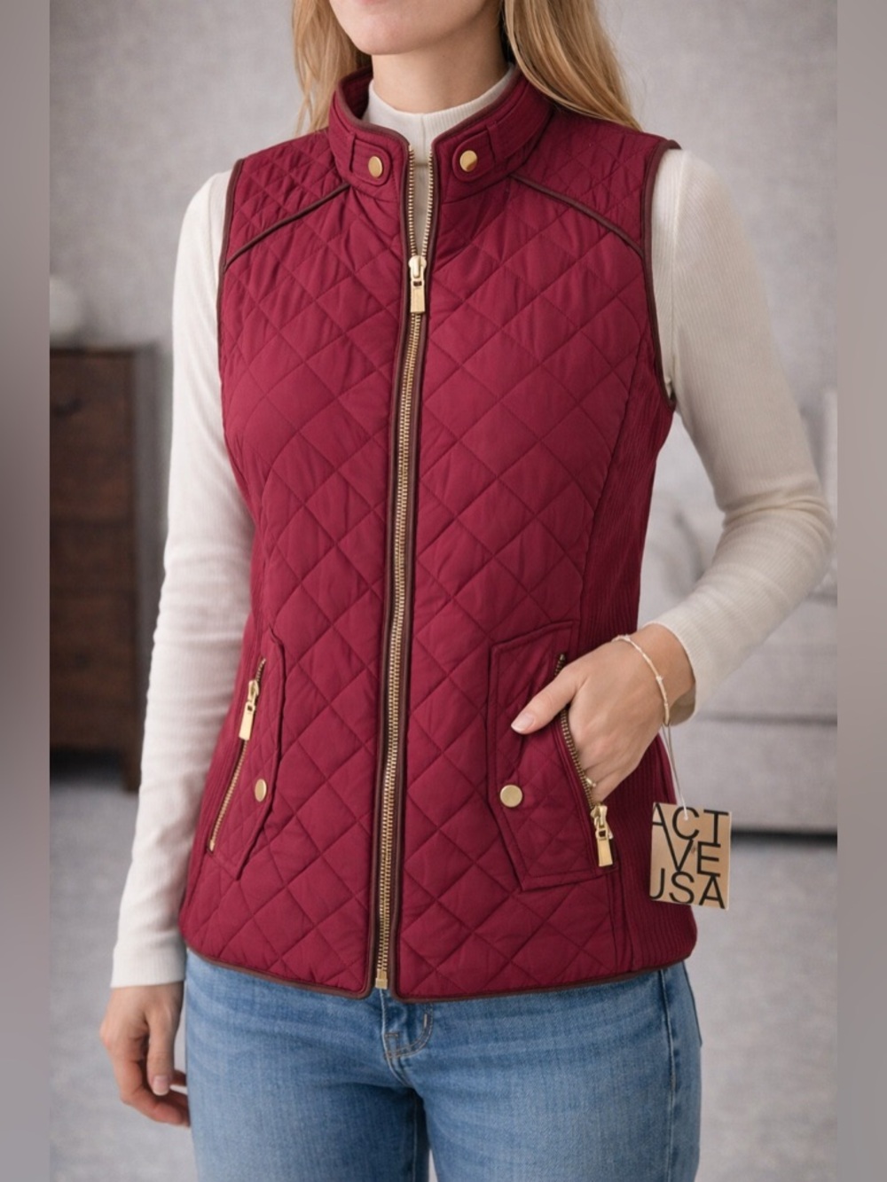 Active USA Burgundy Quilted Vest Gold Zip Knit Side Panels Women S NWT